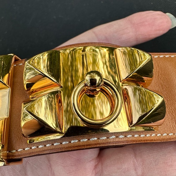 🆒 Authentic Hermès Collier De Chien Cuff Bracelet gold plated hardware leather - Picture 7 of 16